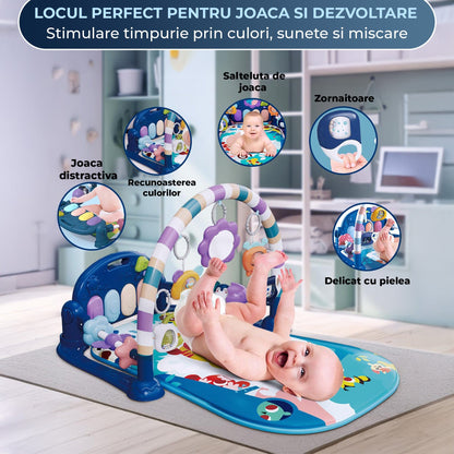 Saltea de Joaca cu Pian si Jucarii Senzoriale, cu Lumini, Muzica, Albastru