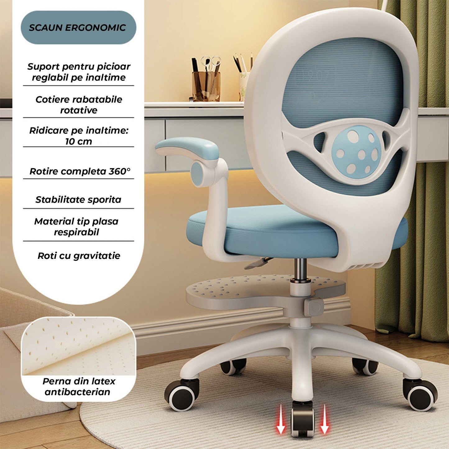 Scaun Reglabil pentru Copii, Model Ergonomic cu Spatar Confortabil, Albastru