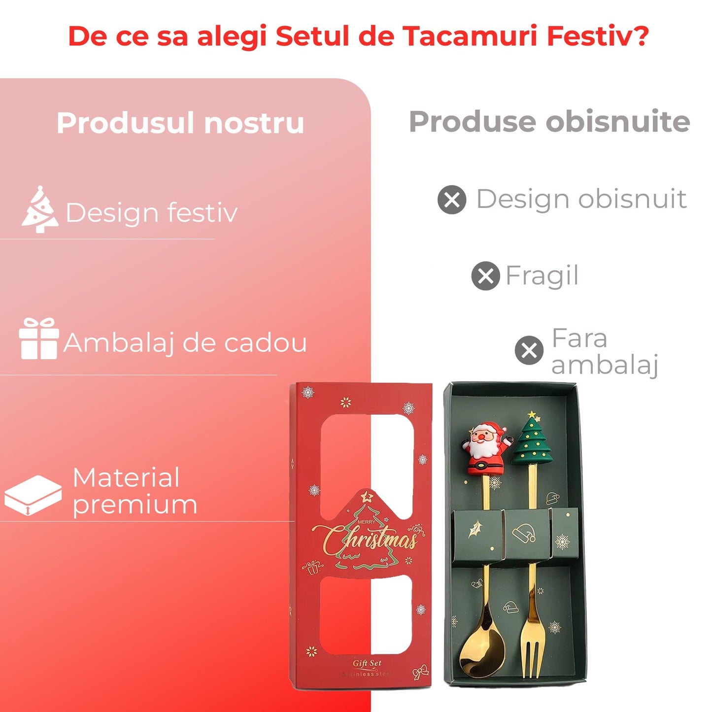 Set 2 Lingurite si Furculite Inox Craciun, Modele Festive cu Ren, Brad