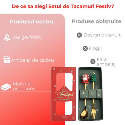 Set 2 Lingurite si Furculite Inox Craciun, Modele Festive cu Ren, Brad