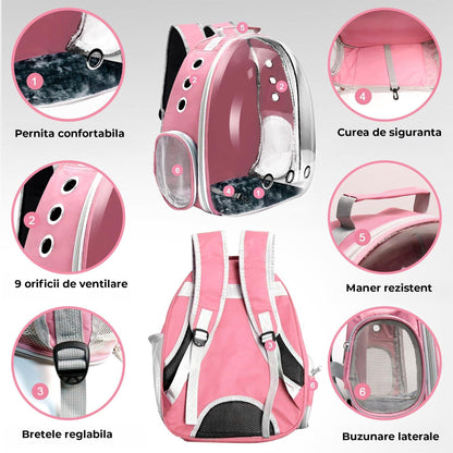 Rucsac Transparent pentru Pisici si Caini Mici, Ventilatie Avansata, Roz