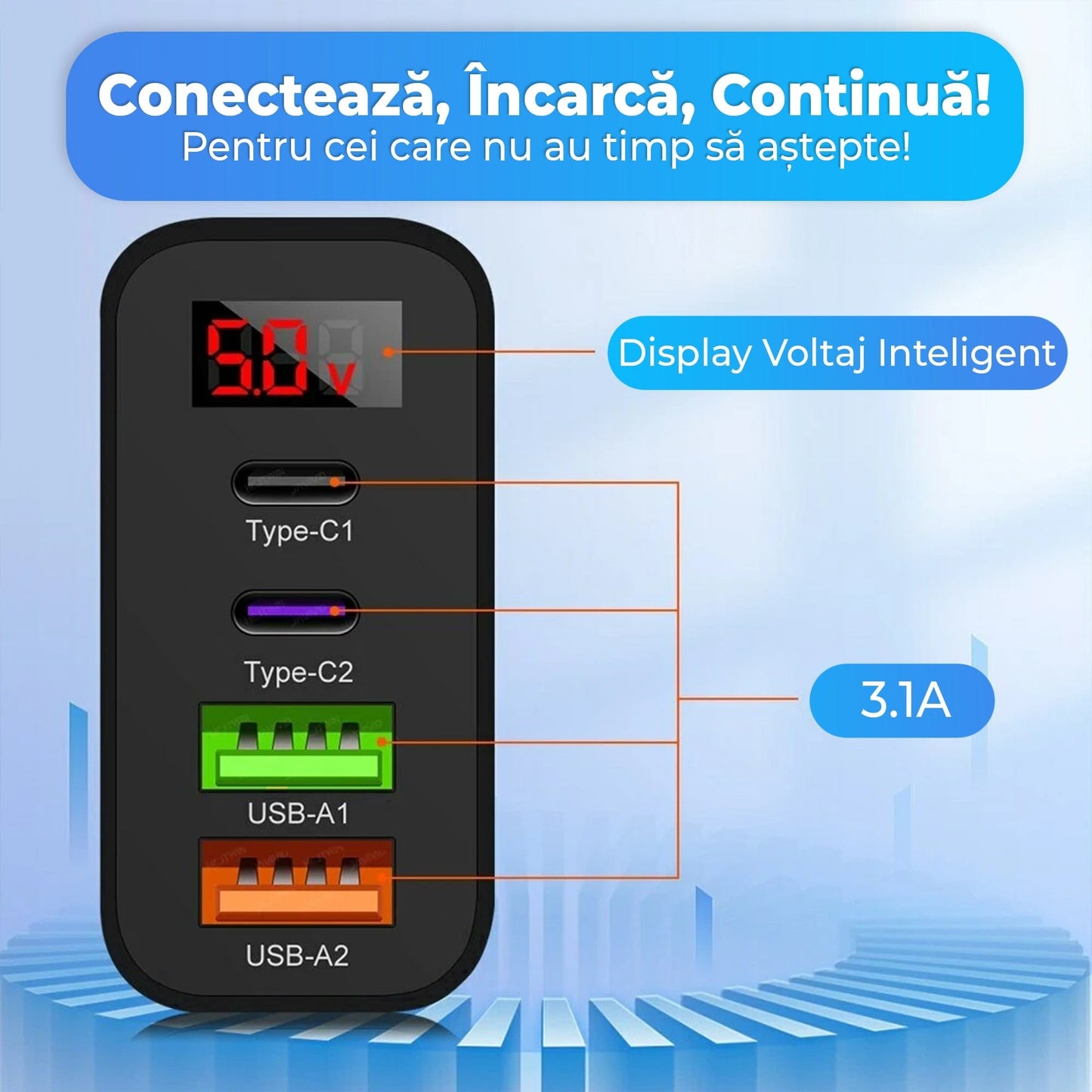 Incarcator Retea Timebox, 45W, cu 4 Porturi, 2 x Type-C si 2 x USB, Negru