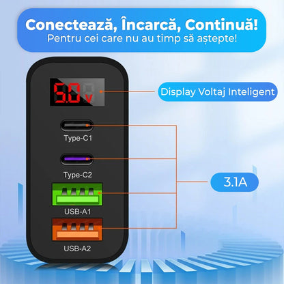Incarcator Retea Timebox, 45W, cu 4 Porturi, 2 x Type-C si 2 x USB, Negru