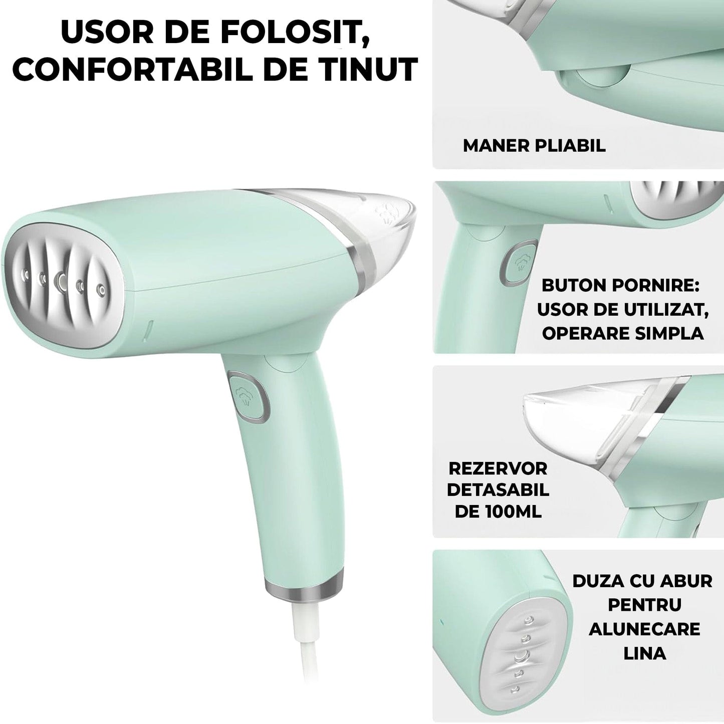 Steamer de Haine Portabil, 1000W, Compact si Pliabil, Verde