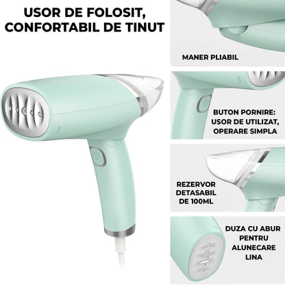Steamer de Haine Portabil, 1000W, Compact si Pliabil, Verde