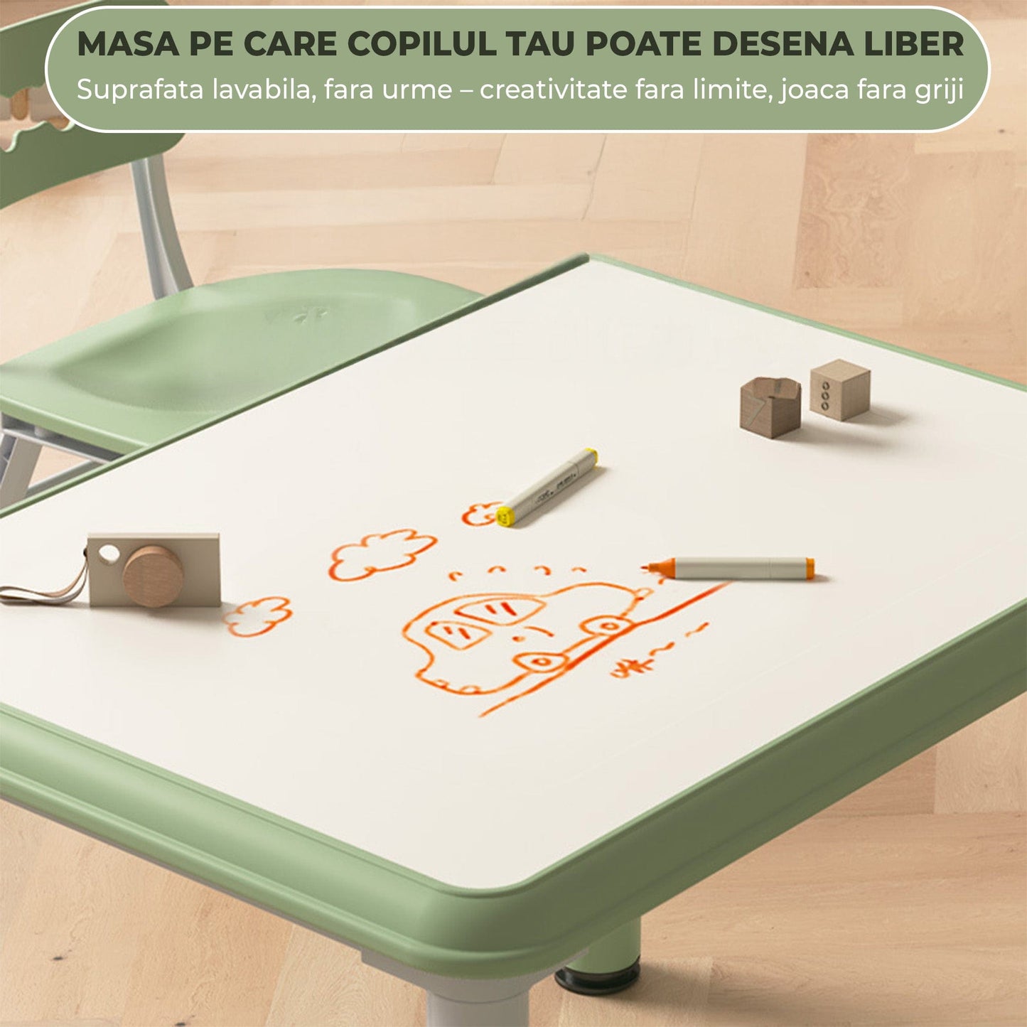 Set Masa si 2 Scaune Reglabile pentru Copii, Desen si Invatare, Verde