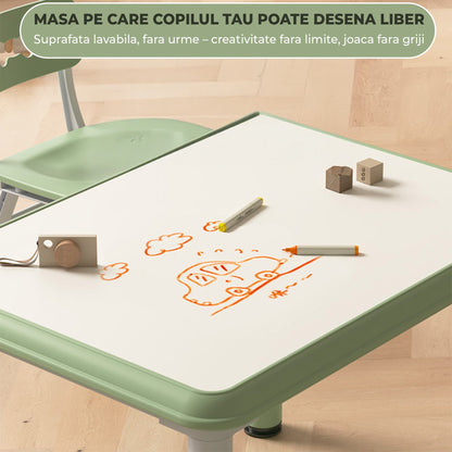 Set Masa si 2 Scaune Reglabile pentru Copii, Desen si Invatare, Verde