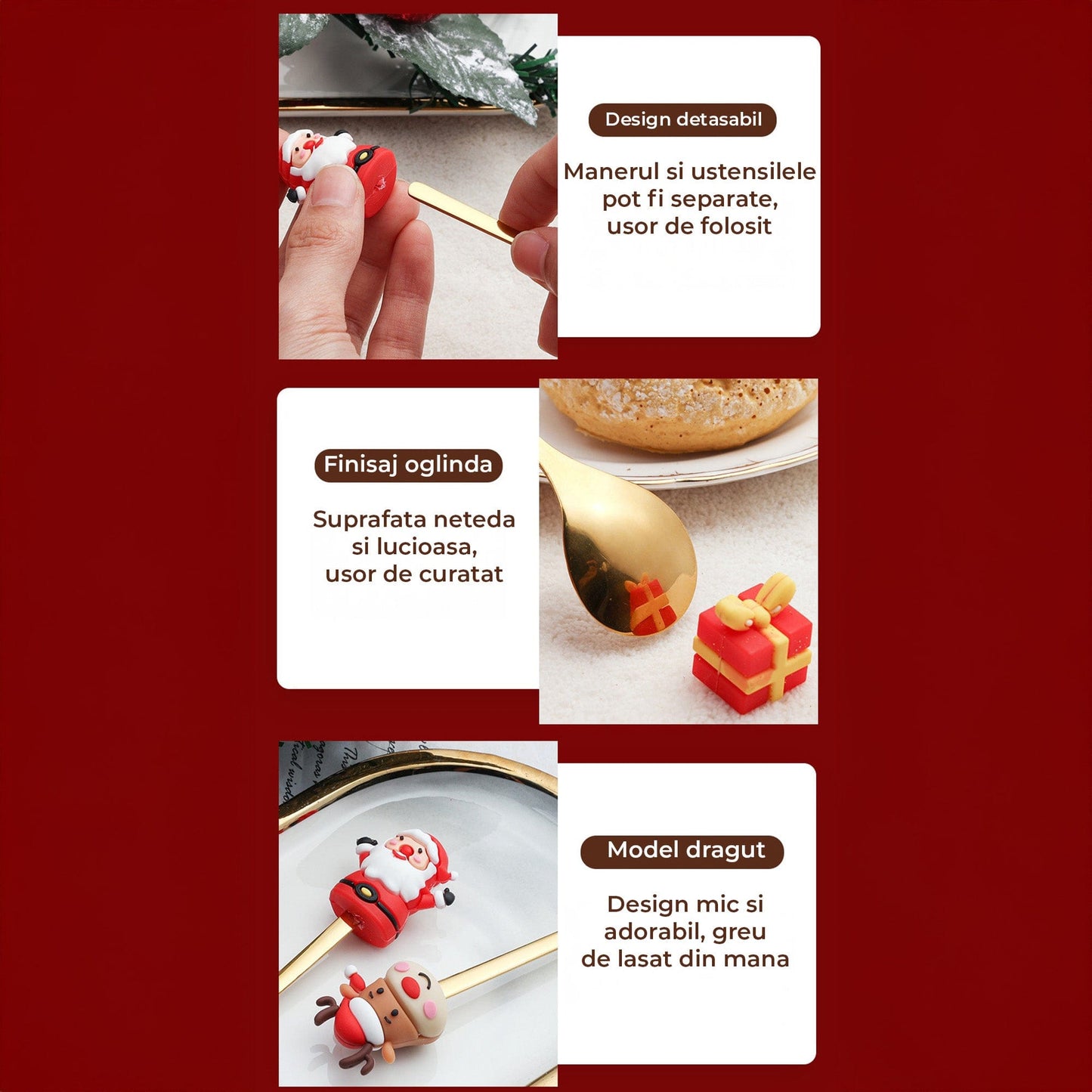 Set 6 Lingurite si Furculite Inox Craciun, Modele Festive cu Ren, Brad