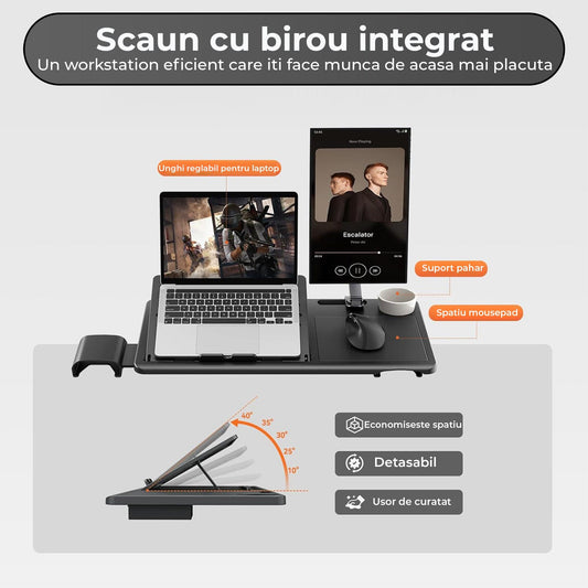 Scaun ergonomic birou 2 in 1, Cotiere 4D, Tetiera auto-follow, Negru