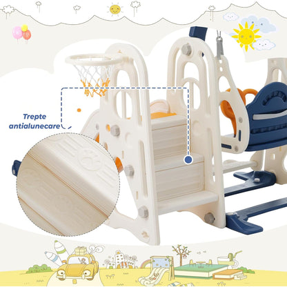 Set de Joaca 3 in 1 pentru Copii, Tobogan, Leagan si Cos de Baschet, Galben