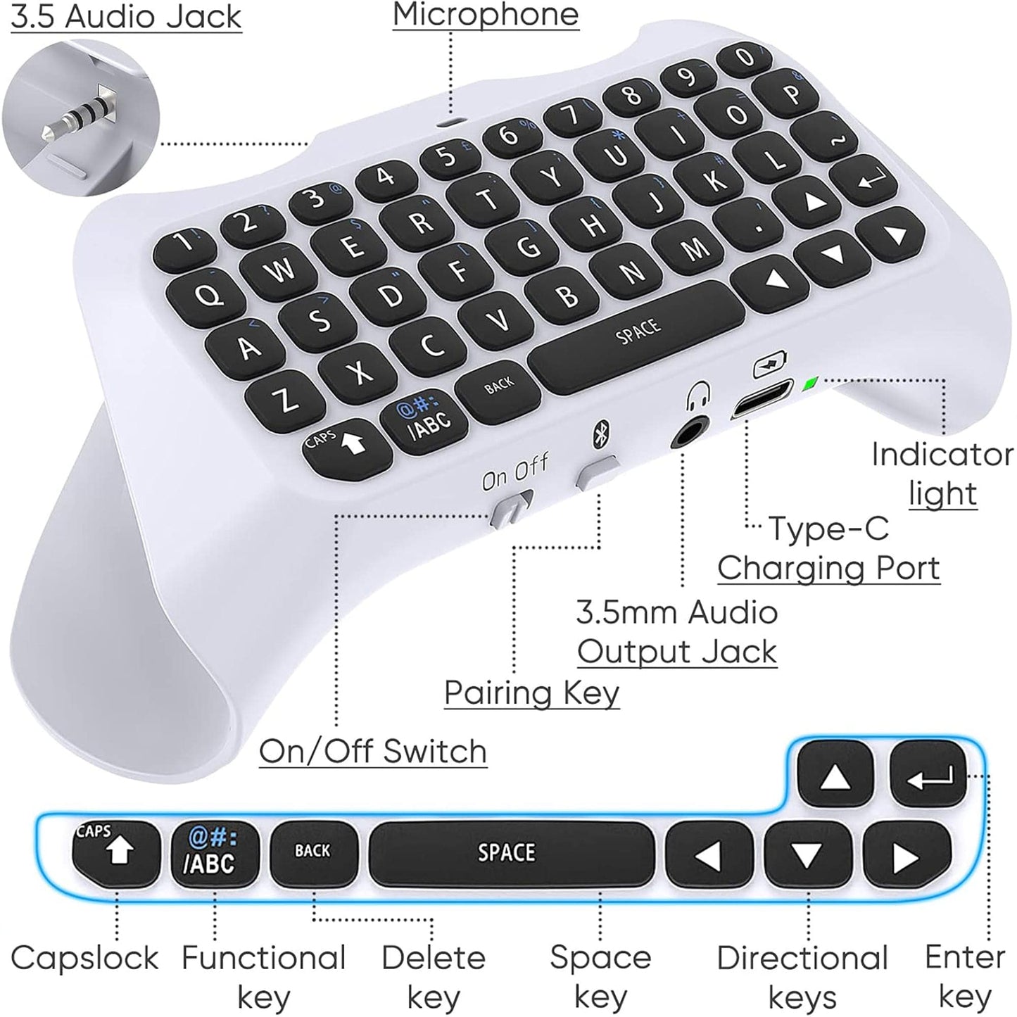 Tastatura Wireless Timebox, Gamepad Chatpad, Bluetooth 3, 5MM, Ergonomic, Alb