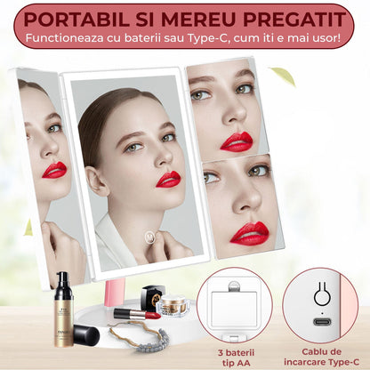 Oglinda Cosmetica Pliabila cu Iluminare LED, Trifold cu Marire 1X/2X/3X