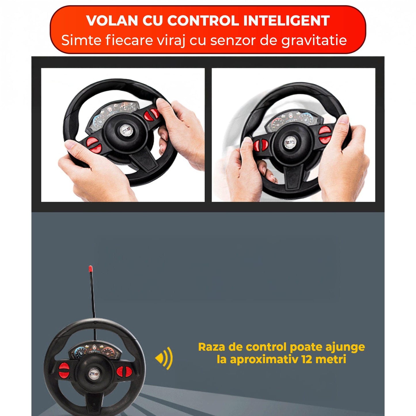 Masina cu Telecomanda tip Volan si Pedale Timebox, 1:16, Lumini LED, 4Ghz, Rosu