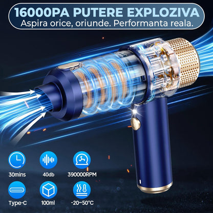 Aspirator Auto Portabil Timebox, 2 in 1, 16000PA, Fara Fir, Albastru