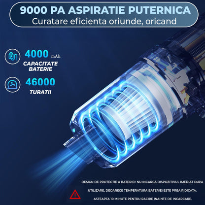 Aspirator Auto Portabil Timebox, 2 in 1 cu Functie de Suflanta, 9000PA, 120W