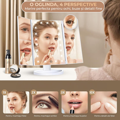 Oglinda Cosmetica cu Iluminare LED, 2X, 3X si 10X Marire, Alimentare USB sau Baterii