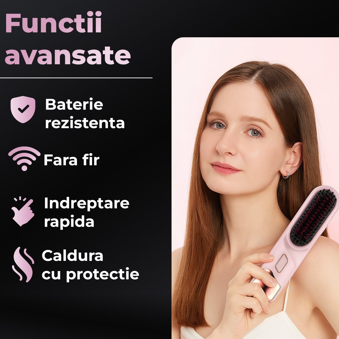 Perie Ionica pentru Indreptat si Ondulat Parul, Wireless, Placute Ceramice, Roz