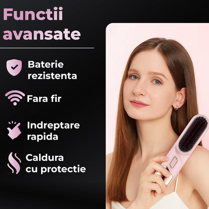 Perie Ionica pentru Indreptat si Ondulat Parul, Wireless, Placute Ceramice, Roz