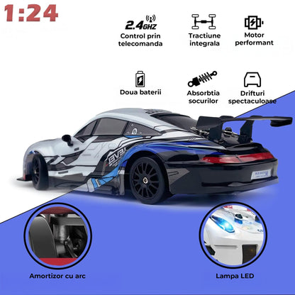 Masina RC cu Telecomanda Timebox, Drift Car 1:24, 4WD, 20km/h, LED-uri, Gri