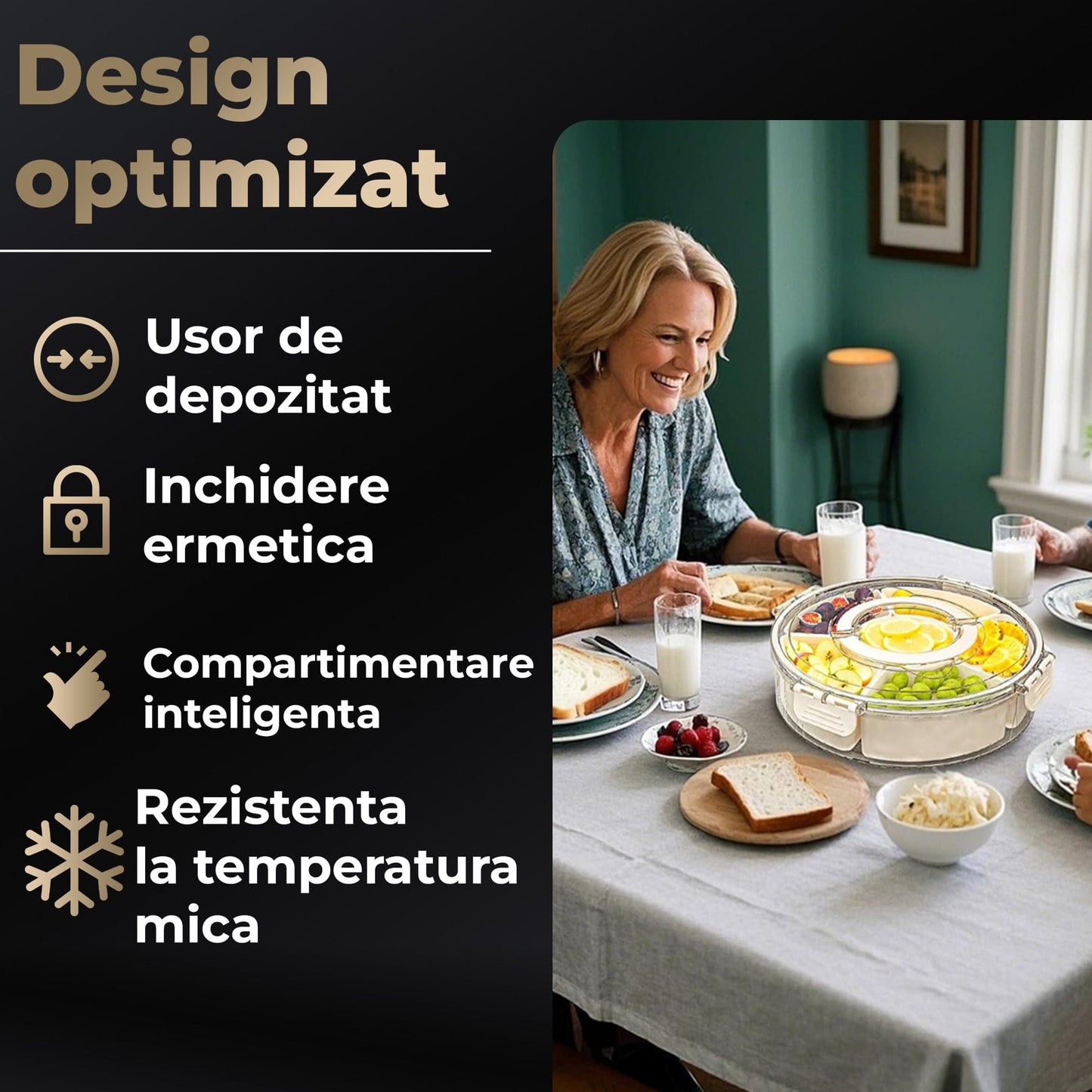 Cutie Alimentara Rotunda Mare 6 Compartimente, Model Rotativ, Bej