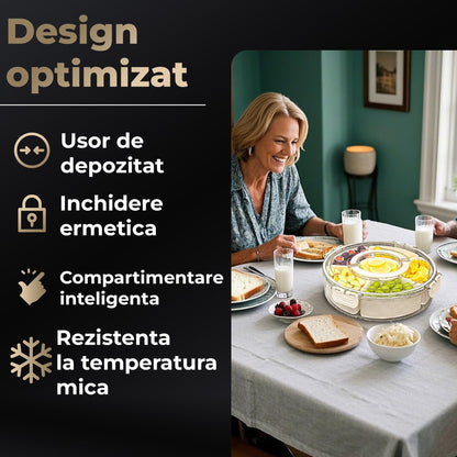Cutie Alimentara Rotunda Mare 6 Compartimente, Model Rotativ, Bej
