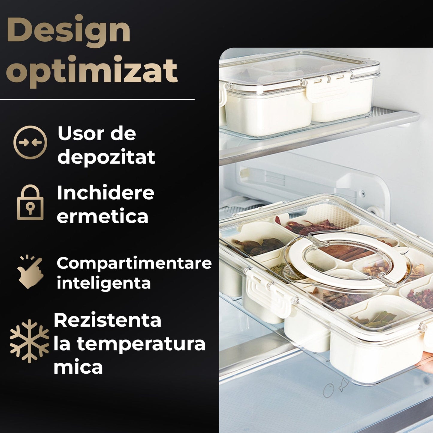 Cutie Alimentara 8 Compartimente Timebox, Etansa 800-1000Ml, Capac Sigur, Bej