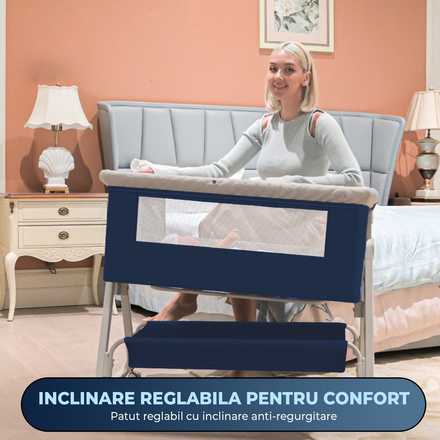 Patut Pliabil si Portabil pentru Nou-Nascuti, Pliere Usoara, Albastru