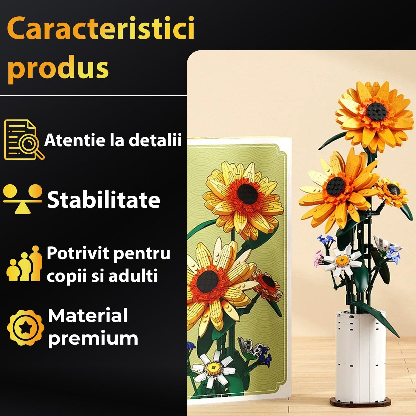 Set Constructie Floarea Soarelui Timebox, 821 Piese ABS, Ornament, Galben