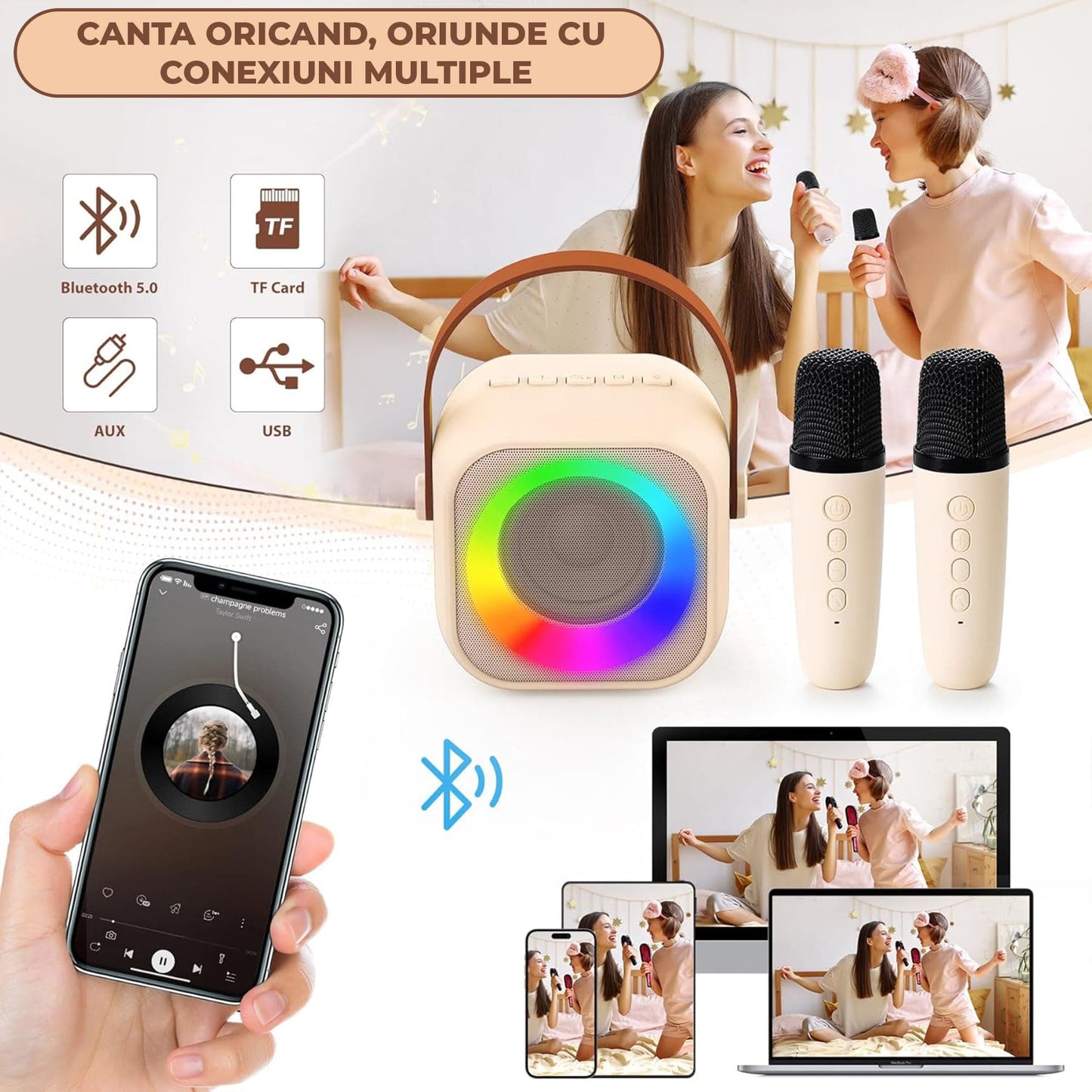 Set Boxa Bluetooth 5, 0 Karaoke Cu 2 Microfoane Wireless, Multi-Functionala, Bej