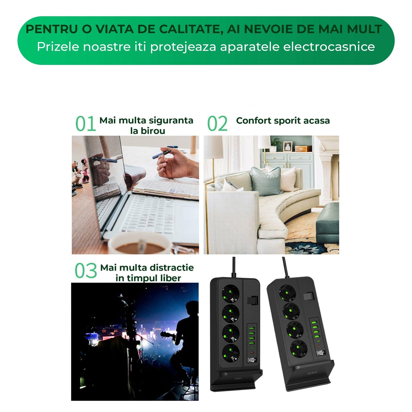 Priza Timebox, standard cu comutator 3000W, 4 x USB, 2 x Type-C, 4 prize, Negru