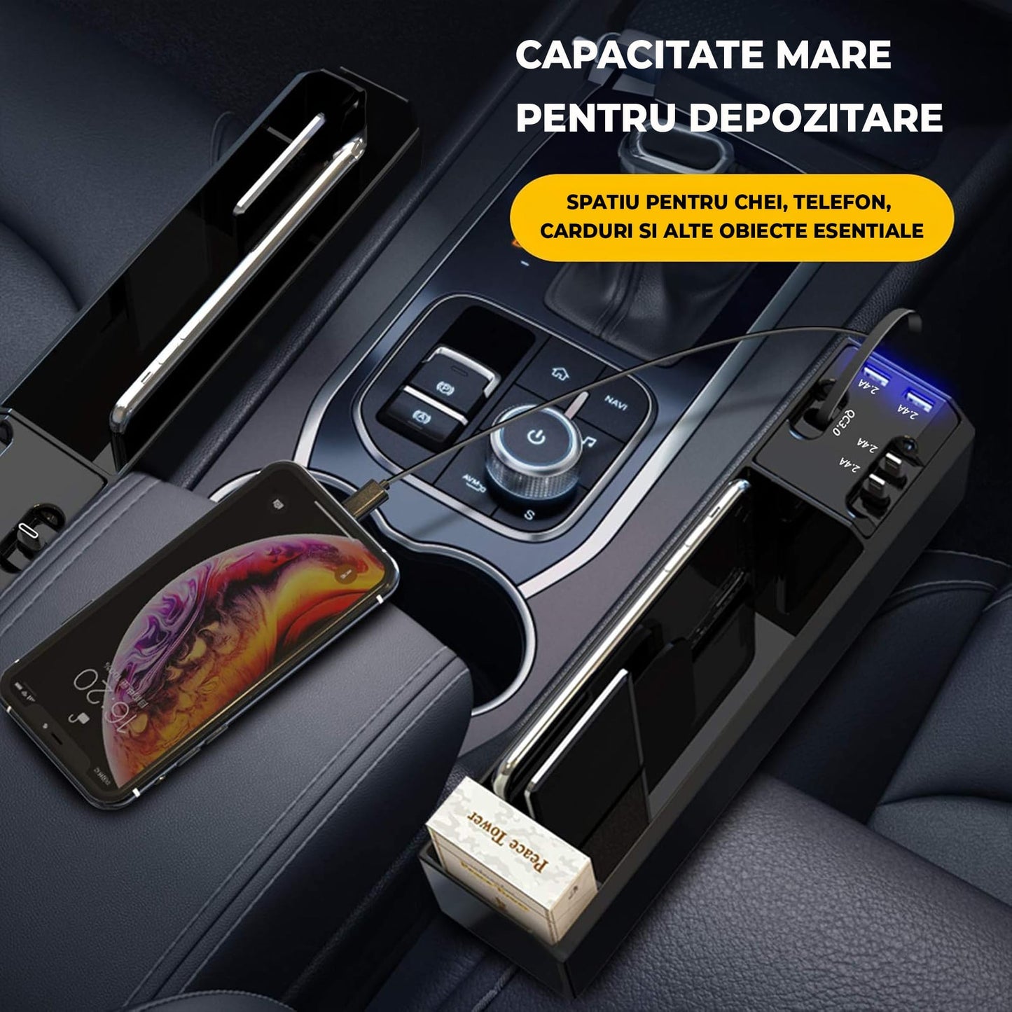 Organizator masina Timebox, Cablu integrat USB-C, Lightning, Micro-USB, Negru