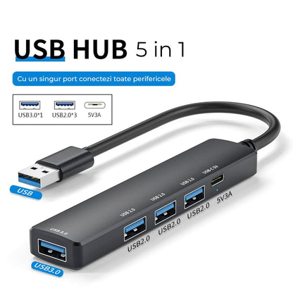 Hub USB 5 in 1 Tip C / USB 3, 480 Mbps, 5 Gbps, Aluminiu, Negru