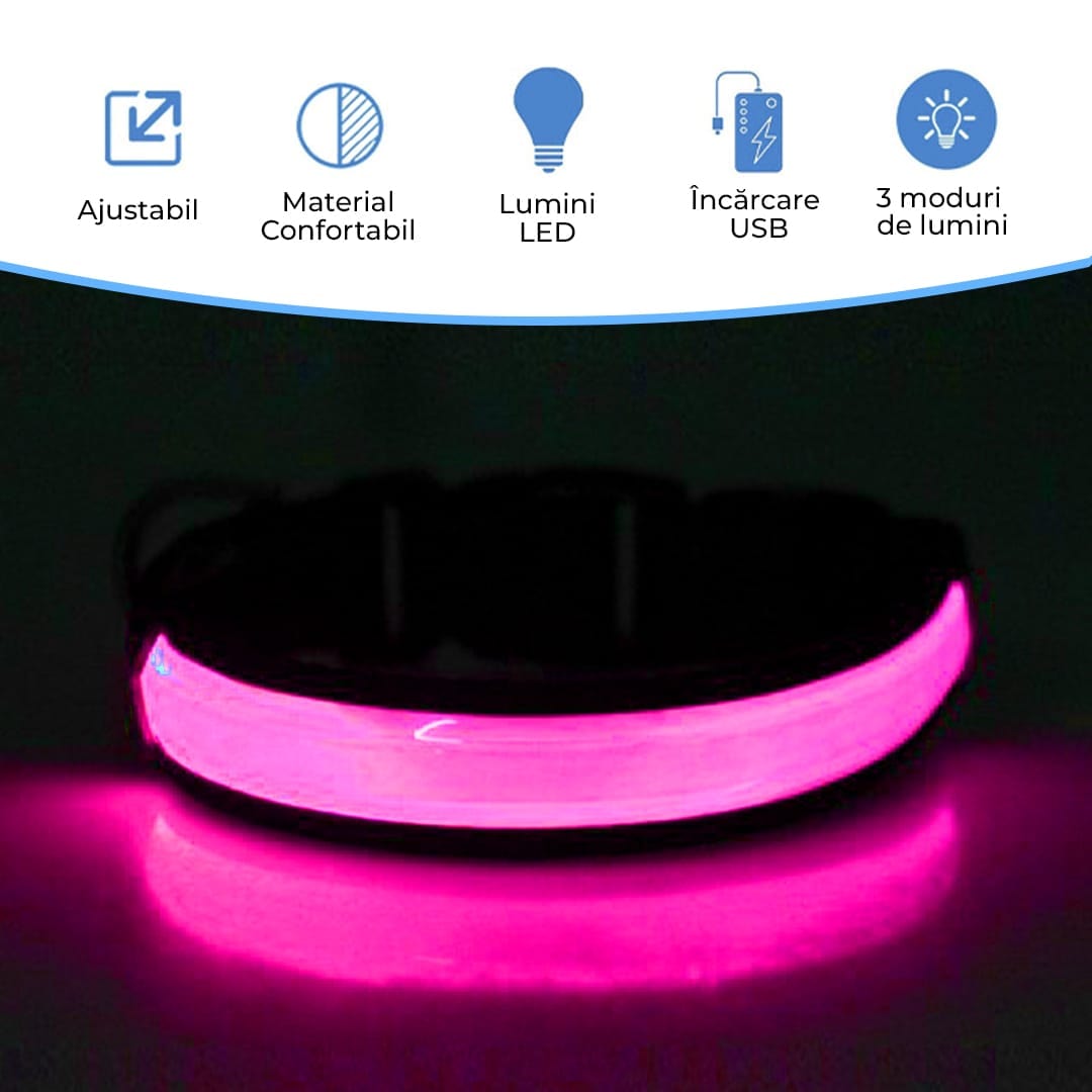 Zgarda pentru caini, cu banda LED, reflectorizanta cu 3 moduri de iluminare, Roz