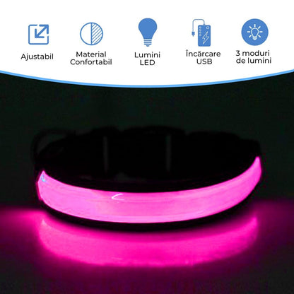 Zgarda pentru caini, cu banda LED, reflectorizanta cu 3 moduri de iluminare, Roz