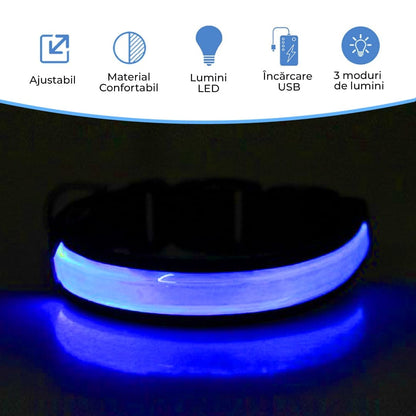 Zgarda pentru caini, cu banda LED, reflectorizanta cu 3 moduri de iluminare
