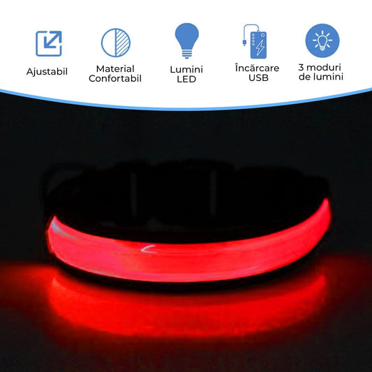 Zgarda pentru caini, cu banda LED, reflectorizanta cu 3 moduri de iluminare