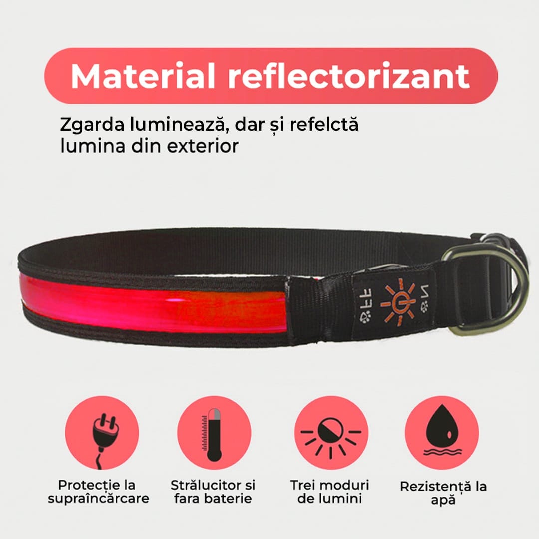 Zgarda pentru caini, cu banda LED, reflectorizanta cu 3 moduri de iluminare