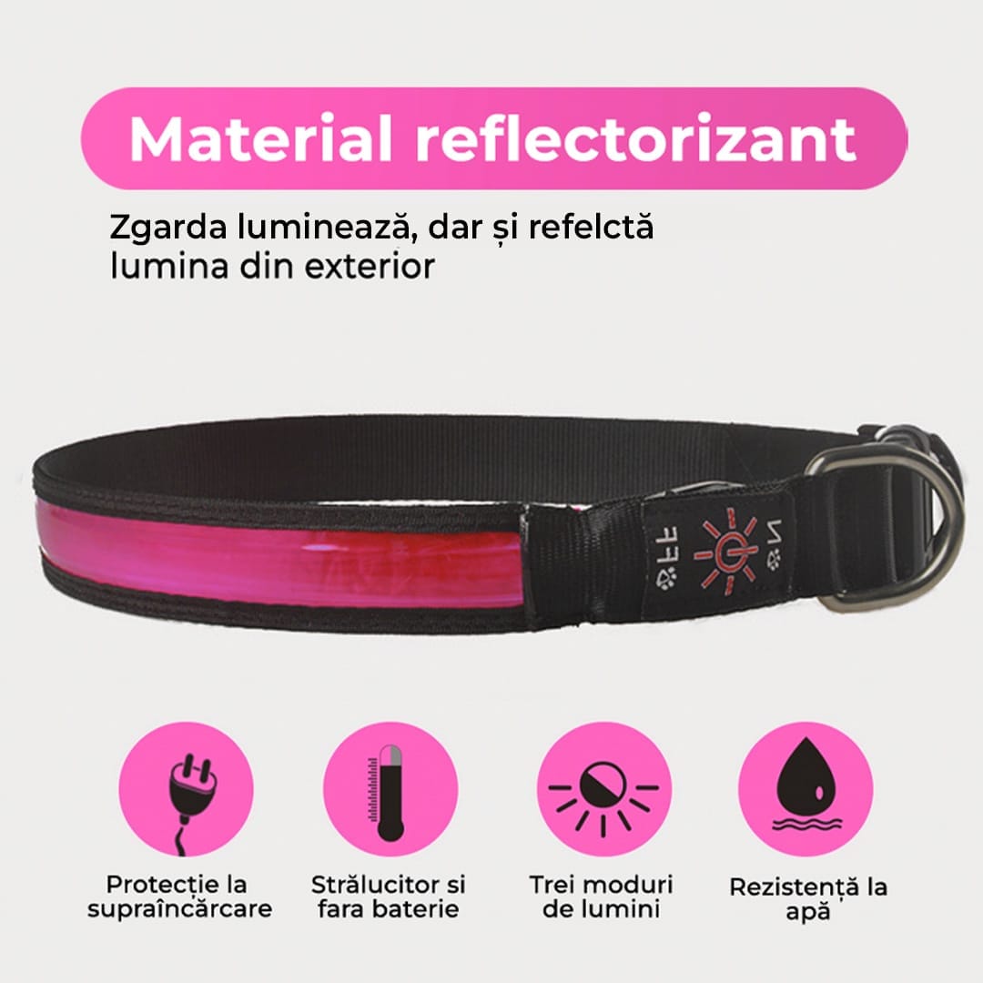 Zgarda pentru caini, cu banda LED, reflectorizanta cu 3 moduri de iluminare, Roz