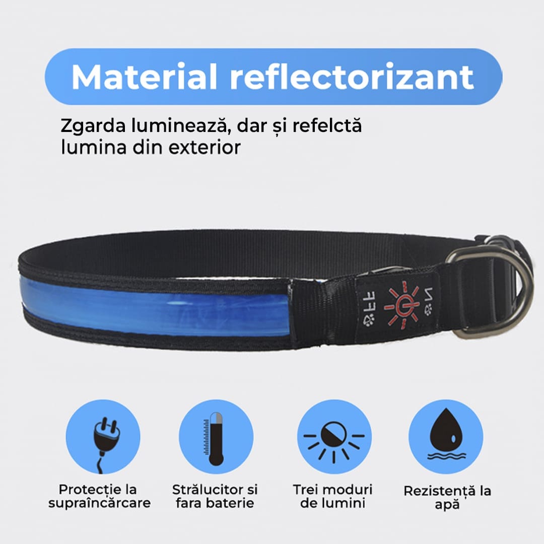 Zgarda pentru caini, cu banda LED, reflectorizanta cu 3 moduri de iluminare