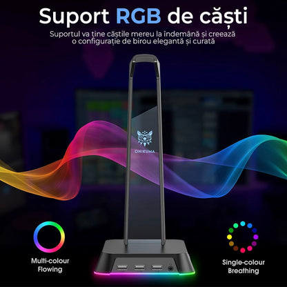 Suport casti gaming cu lumina RGB, 3 porturi USB, Anti-Slip, Negru