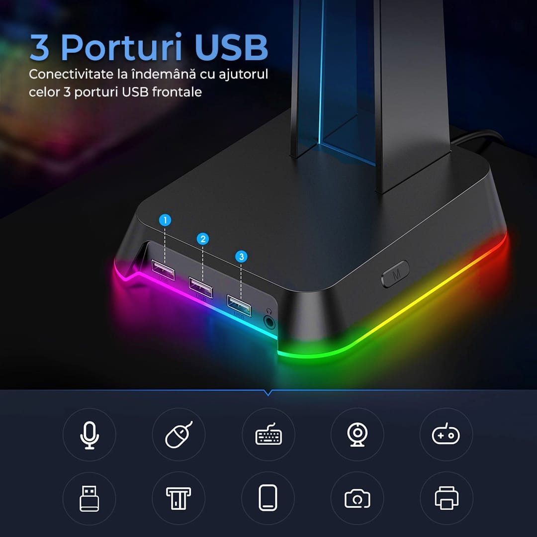 Suport casti gaming cu lumina RGB, 3 porturi USB, Anti-Slip, Negru