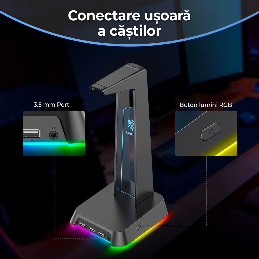 Suport casti gaming cu lumina RGB, 3 porturi USB, Anti-Slip, Negru