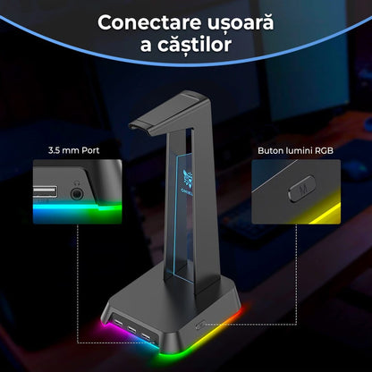 Suport casti gaming cu lumina RGB, 3 porturi USB, Anti-Slip, Negru