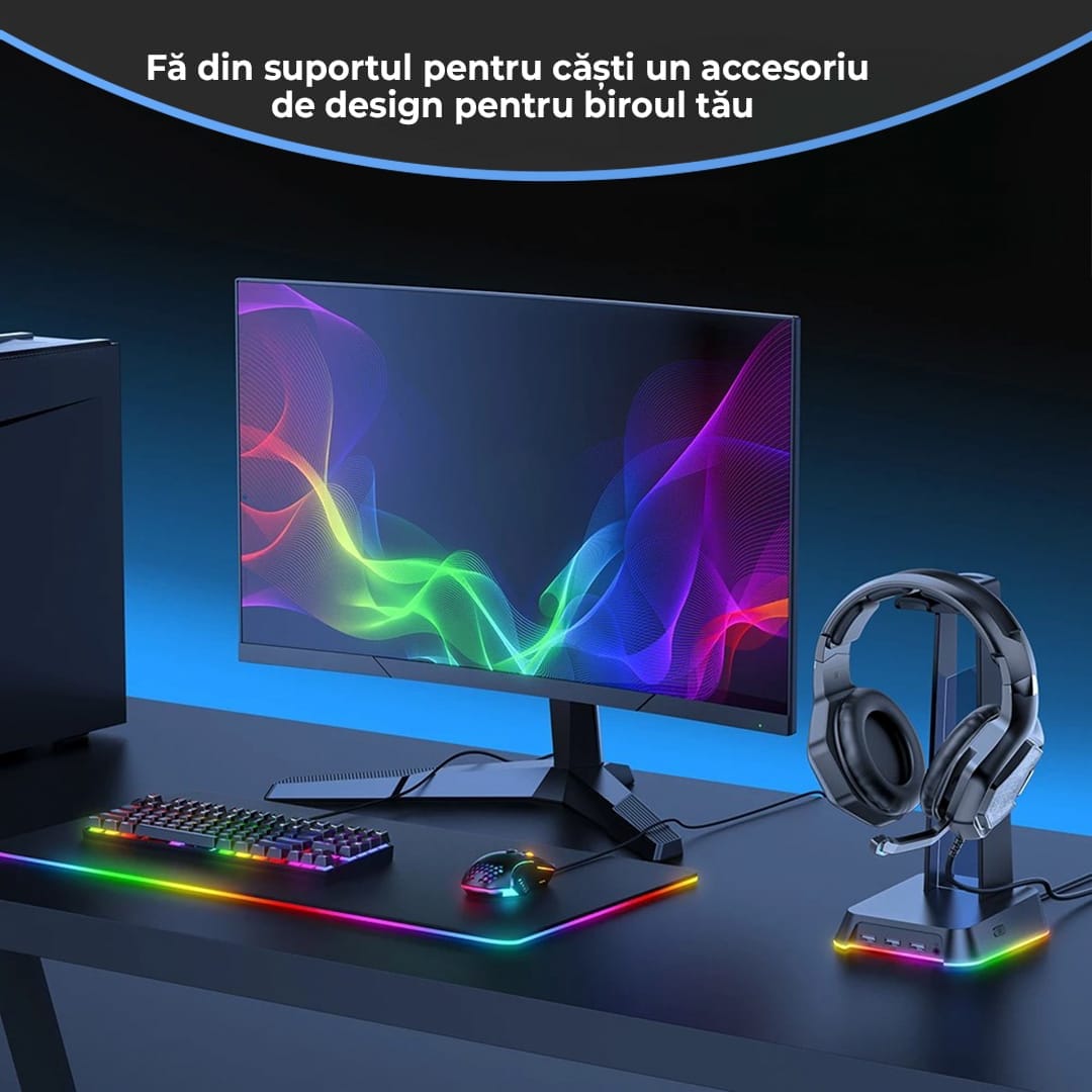 Suport casti gaming cu lumina RGB, 3 porturi USB, Anti-Slip, Negru