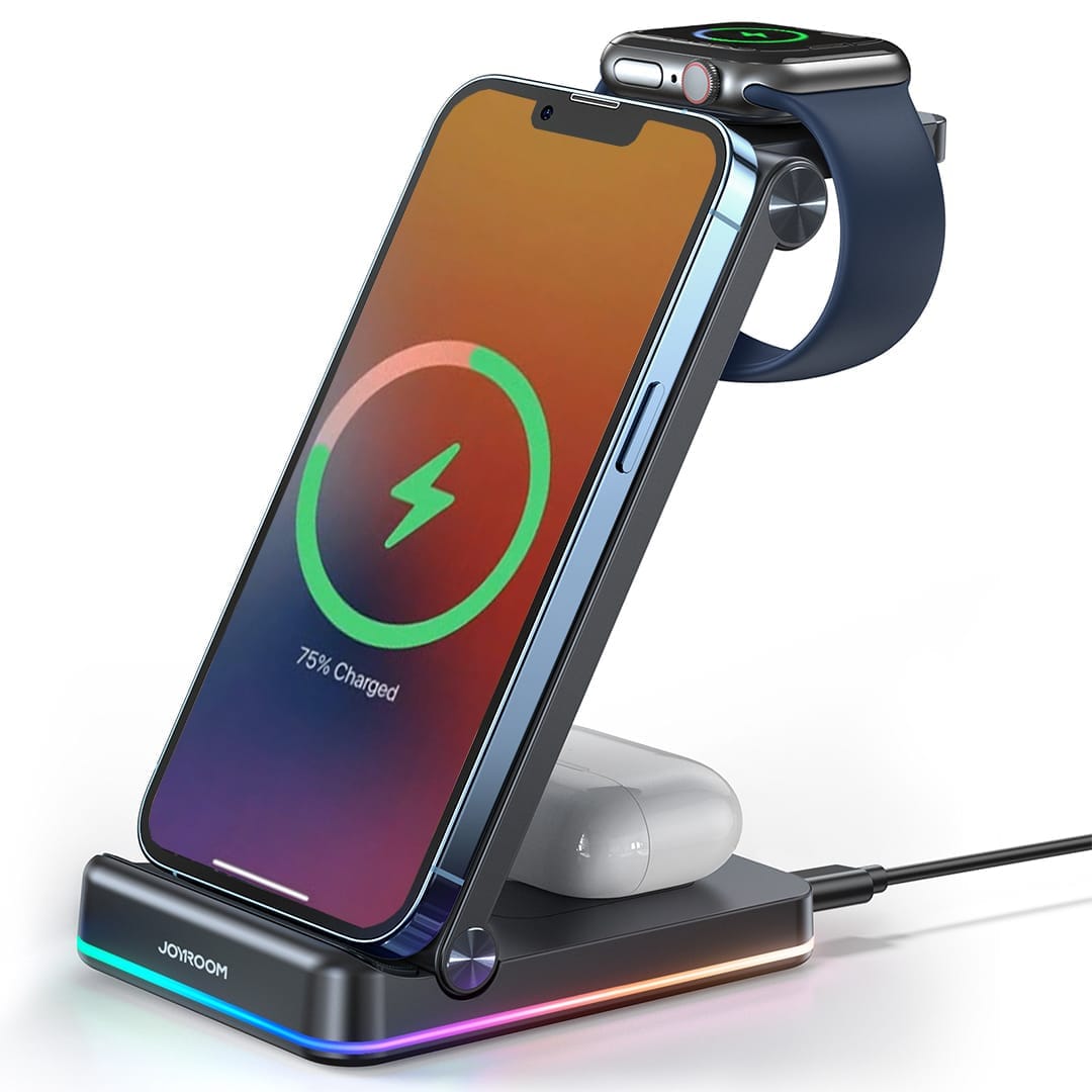 Incarcator Wireless, 18W, 3 In 1, Pliabil, Lumini RGB