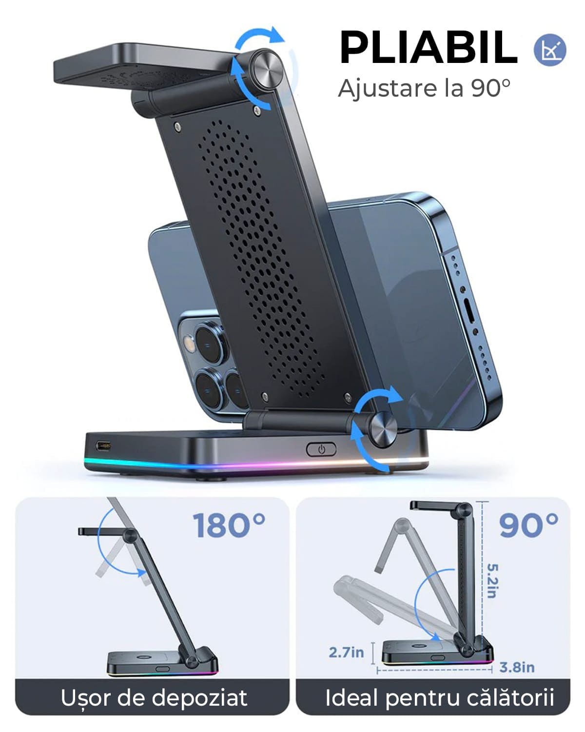 Incarcator Wireless, 18W, 3 In 1, Pliabil, Lumini RGB