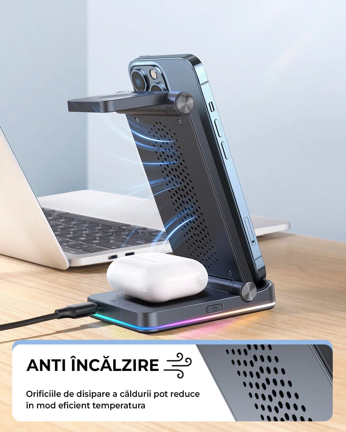 Incarcator Wireless, 18W, 3 In 1, Pliabil, Lumini RGB