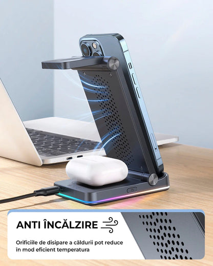 Incarcator Wireless, 18W, 3 In 1, Pliabil, Lumini RGB