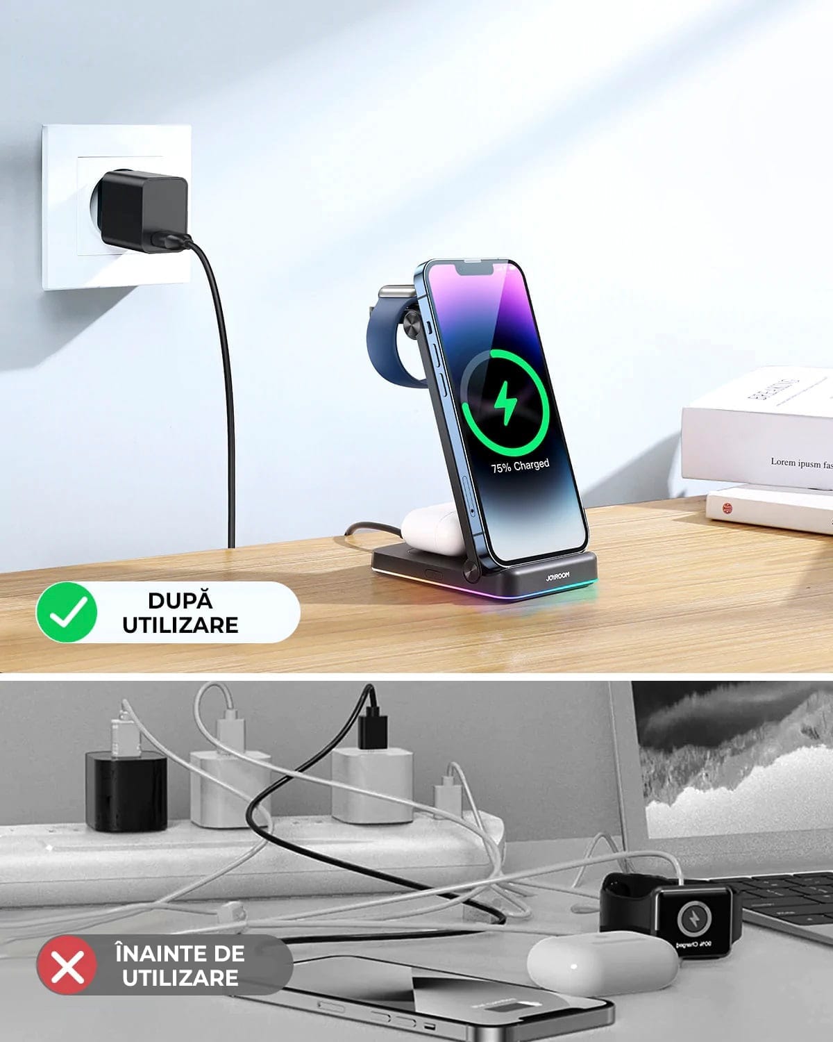 Incarcator Wireless, 18W, 3 In 1, Pliabil, Lumini RGB
