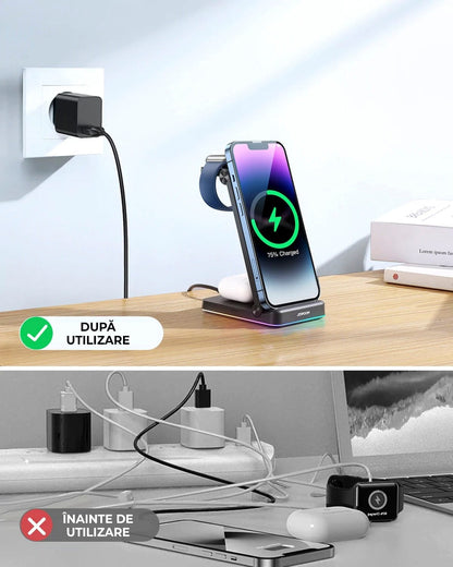 Incarcator Wireless, 18W, 3 In 1, Pliabil, Lumini RGB